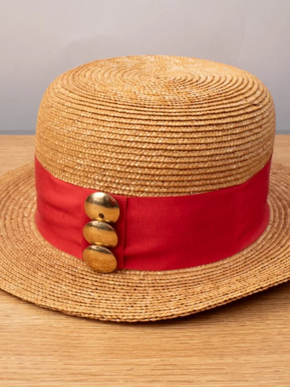 Patricia Underwood Straw Hat With Red Stripe and Gold Button Detail See Details